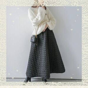 【La-gemme】ハート キルティング ロングスカート 黒 冬 フリーサイズ