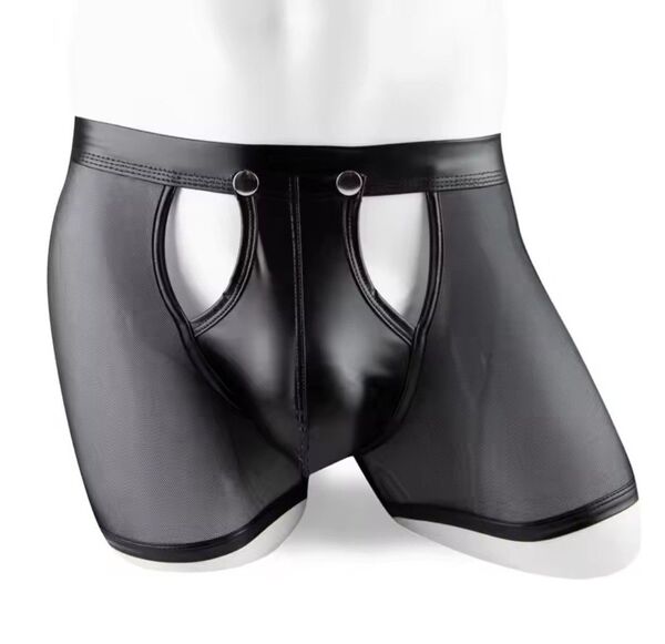 メンズ 光沢 ボクサーパンツ ショートパンツ メッシュ フェイクレザー ツルツル テカテカ ブラック 黒 Lサイズ