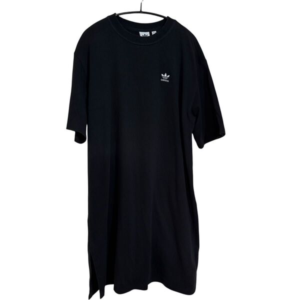 adidas アディダス ロングTシャツ ワンピース レディース L 半袖 Tシャツ 黒 ブラック トレフォイル ロゴ 刺繍