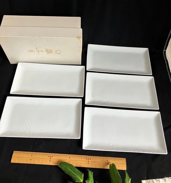 新品 たち吉 白磁木目長皿焼物皿 5枚 橘吉陶器角皿和食器