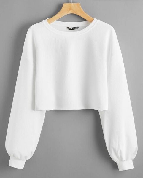SHEIN EZwear ドロップショルダー クロップトップ ホワイト Tシャツ ホワイト カットソー ロンT 長袖