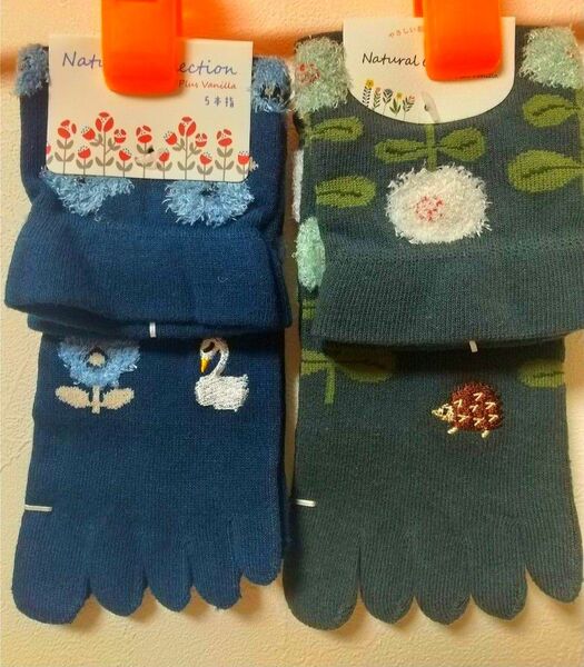 新品 綿混ソックス 白鳥 ハリネズミ 刺繍 五本指ソックス 靴下 コットン かわいい レディース