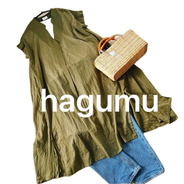 【美品】hagumu ハグム スキッパー ロングワンピース インド綿 カーキ オリーブ ポケット 夏 体型カバー