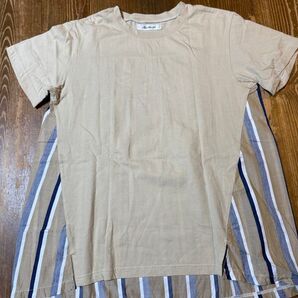 in this life Tシャツ ベージュ ストライプ異素材切り替えTシャツ