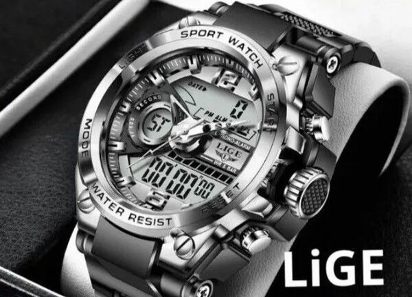 LIGE スポーツデュアルウォッチ 50m防水腕時計 メンズ腕時計 お洒落な腕時計 シルバー!新品