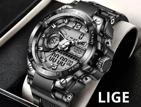 LIGE スポーツデュアルウォッチ 50m防水腕時計 メンズ腕時計 お洒落な腕時計 ブラック!新品