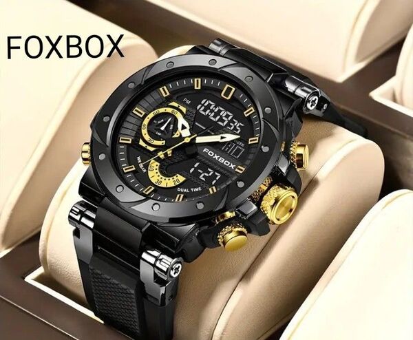 FOXBOX (LiGE) メンズ腕時計 デュアルウォッチ 50M防水 スポーツ腕時計 ゴールド ブラック 新品未使用!