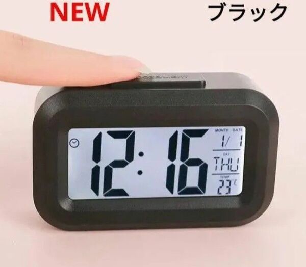 LED デジタル 目覚まし時計 温度計 カレンダー ホワイト 電池付き! ブラック 新品!