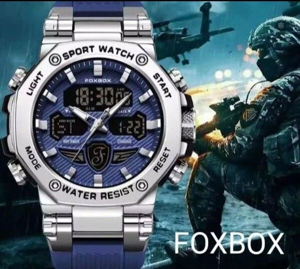 FOXBOX (LiGE) メンズ腕時計 デュアルウォッチ 50M防水 ネイビー&シルバー 新品未使用品!