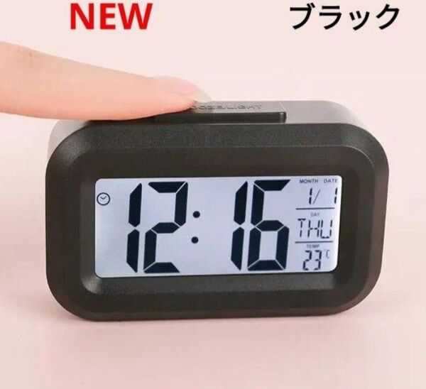 LED デジタル 目覚まし時計 温度計 カレンダー ホワイト 電池付き! ブラック 新品!