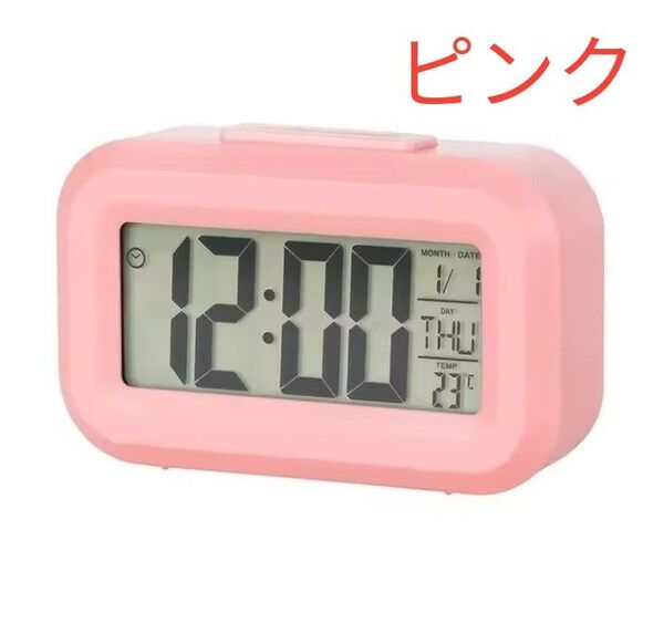 LED デジタル 目覚まし時計 温度計 カレンダー ホワイト 電池付き! ピンク