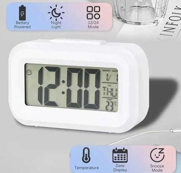 LED デジタル 目覚まし時計 温度計 カレンダー ホワイト 電池付き! ホワイト 新品!