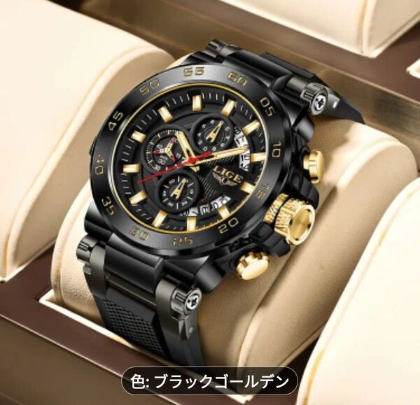 【NEW】LiGE メンズ腕時計 多機能ウォッチ お洒落な腕時計 シリコンバンド ブラックゴールド!新品