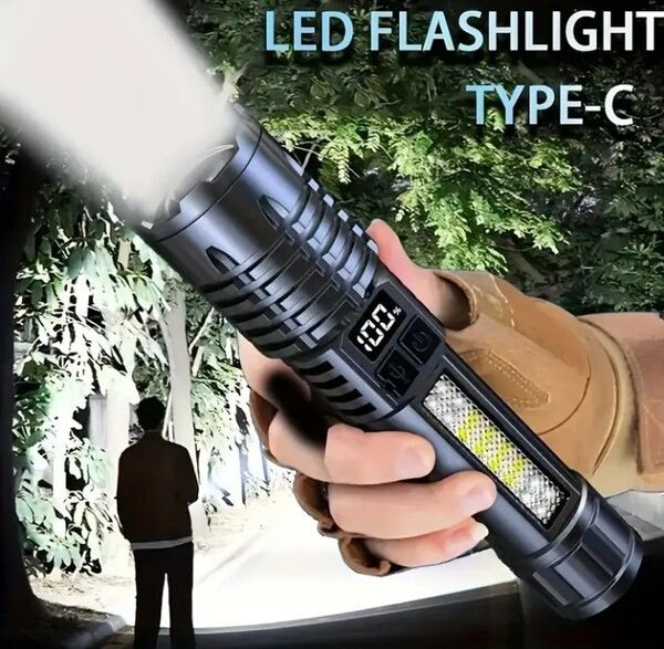 超高輝度 LED懐中電灯 液晶表示 USB充電式 5モード COBライト搭載 ストラップ付き! アウトドア ライト