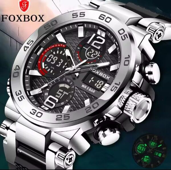 FOXBOX (LiGE) メンズ腕時計 デュアルウォッチ 50M防水 シルバー&ブラック 新品未使用品! 送料無料