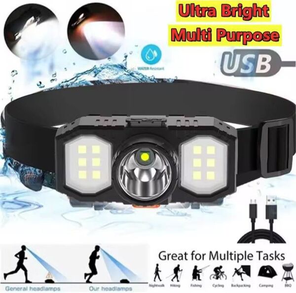 NEW】ヘッドライト USB充電式 LED COB 高輝度 3モード 防水 90°可動式 サイズ調整可能 アウトドア 釣りライト