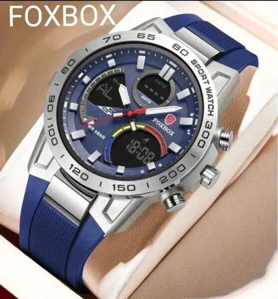 FOXBOX (LiGE) メンズ腕時計 デュアルウォッチ 50M防水 シルバー &ブルー 新品未使用!
