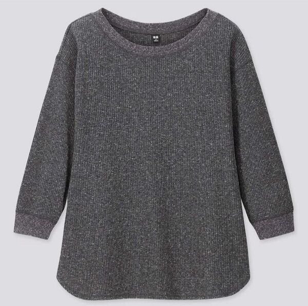 ワッフルクルーネック七分袖 ダークグレー ユニクロ Tシャツ Sサイズ