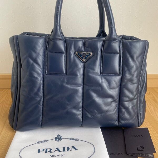 極美品 PRADA プラダ レザー ボンバー カナパ トートバッグ ブルー