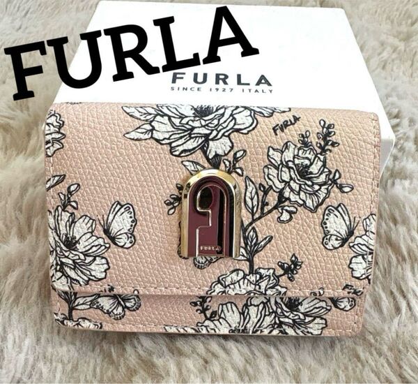 未使用品!FURLA フルラ 三つ折り財布 コンパクトウォレット 財布 花柄 ピンクベージュ