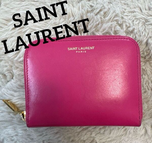 SAINT LAURENT サンローラン レザー ラウンドジップ コインケース 小銭入れ 財布 ピンク×ゴールド金具