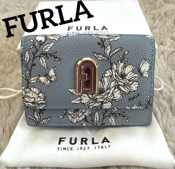 未使用品!FURLA フルラ 花柄 ウォレット レザー 三つ折り財布 コンパクトウォレット ブルー