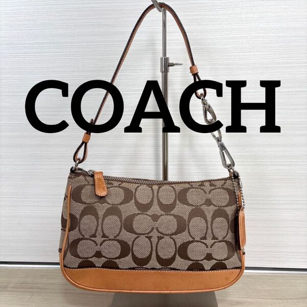 大人気! COACH コーチ シグネチャー キャンバス レザー アクセサリーポーチ ハンドバッグ 総柄