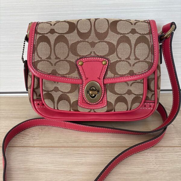 COACH コーチ シグネチャー ショルダーバッグ キャンバス レザー ターンロック ベージュ