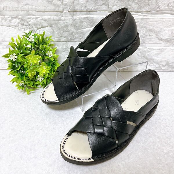 【美品】ing イング パンプス 黒 レザー オープントゥ 編み込み 22.5