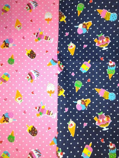 アイスクリーム柄 生地 はぎれ 2枚セット ピンク ネイビー ハンドメイド