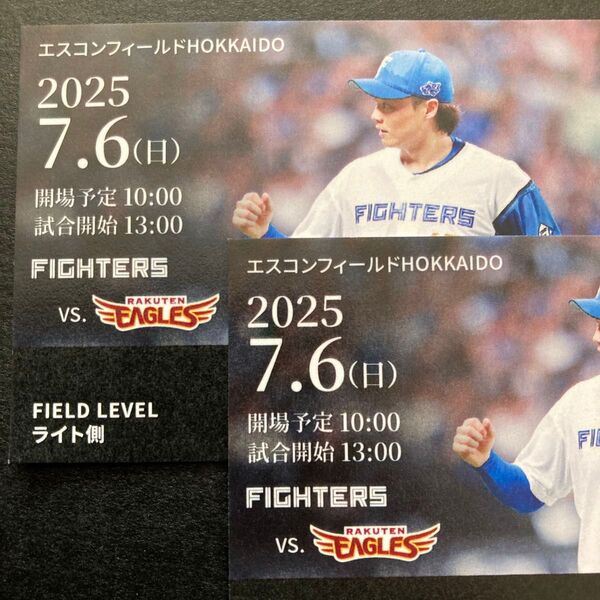 北海道日本ハムファイターズ エスコンフィールド 7/6(日)イーグルス戦 FIELDLEVEL『1階外野最前列』ペアチケット