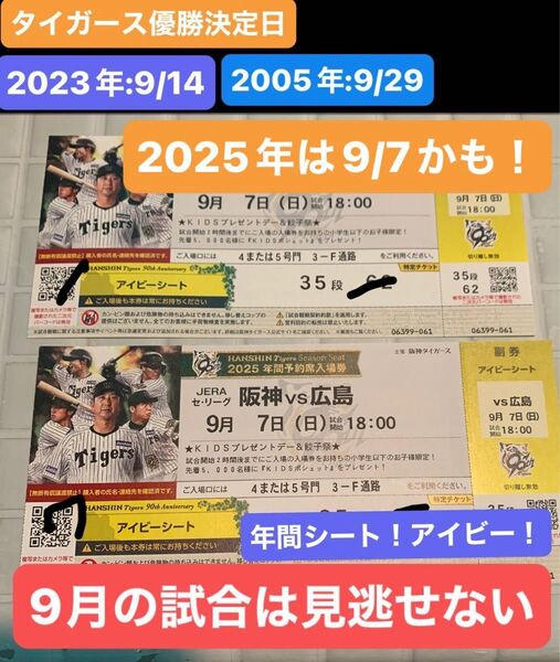 甲子園チケット アイビーシート/通路側横並び/阪神vs広島/9.7/指定席/優勝争い時期