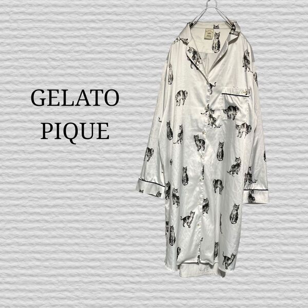 《GELATO PIQUE》総柄シャツワンピース 猫 フリーサイズ ワンピース 長袖 シャツワンピース リネン シャツ