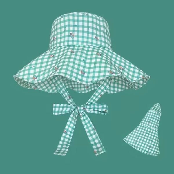 日よけ帽子 ハット ギンガムチェック 小花柄 つば広 折りたたみ グリーン 紫外線対策 日除け UV対策 日焼け防止 ガーデニング