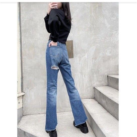 GRL バックスラッシュカットオフフレアデニムパンツ cu318 Sサイズ グレイル デニムパンツ