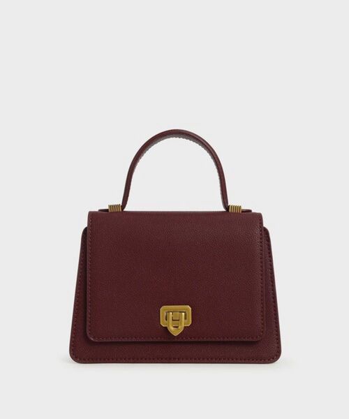 CHARLES & KEITH メタリックプッシュロック トップハンドルバッグ バーガンディ