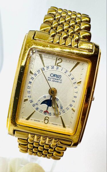 稼働品【ORIS】オリス B7460 レクタンギュラー ムーンフェイズ ポインターデイト 自動巻 ゴールドカラー レアモデル