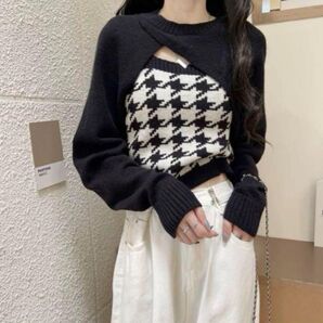 チェック柄クロップドニット