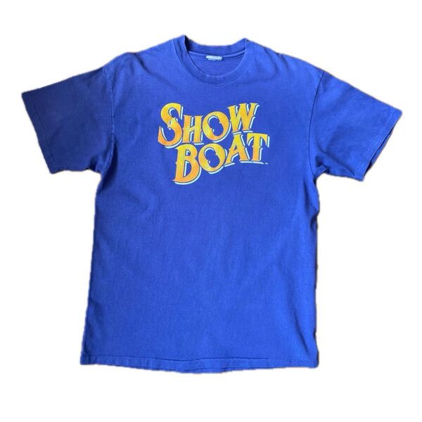 ショーボート プリント Tシャツ ヴィンテージ vintage ブルー系 シングルステッチ クルーネック フェード メンズ 古着