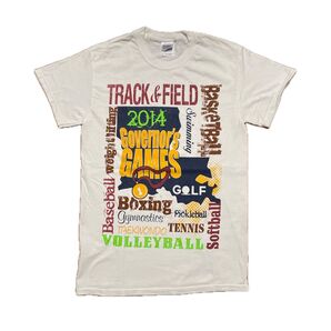 GILDAN ギルダン Governor's Games プリント Tシャツ スポーツ ホワイト Sサイズ クルーネック US古着