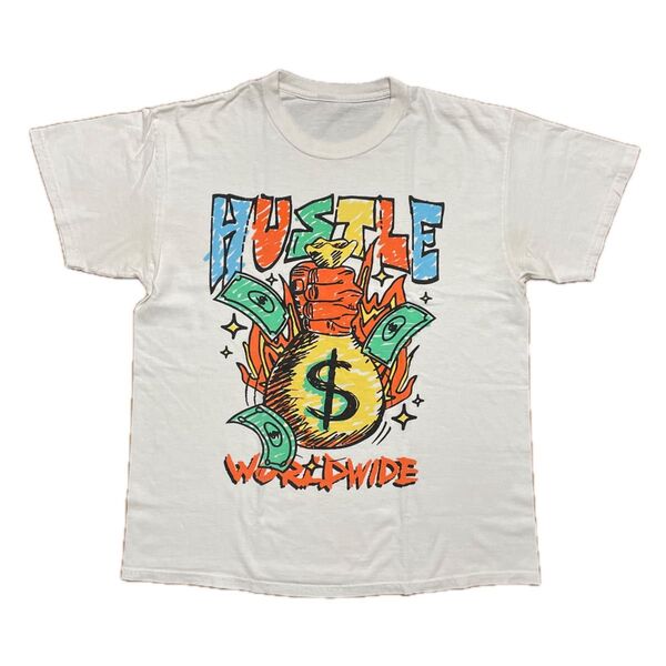 HUSTLE WORLDWIDE Tシャツ プリント ホワイト Mサイズ クルーネック メンズ USED US古着