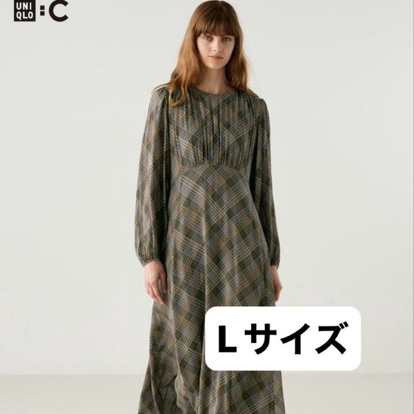 UNIQLO ユニクロC チェック柄 オリーブ色 フレアワンピース Lサイズ インナーワンピース付き