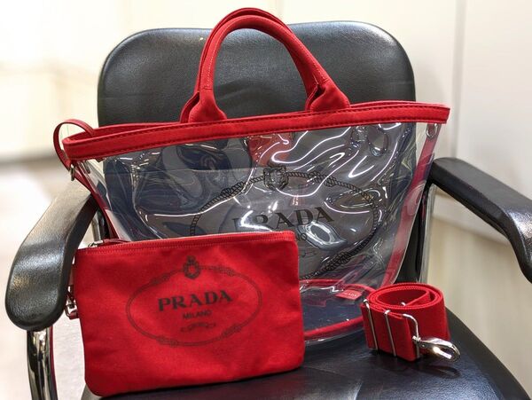 PRADA☆カナパプレックスファブリック/2wayバッグ/クリア×赤