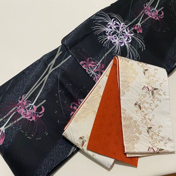 レア!新品未使用しつけ糸付き 彼岸花柄 綿浴衣 半幅帯 2点セット 黒 赤