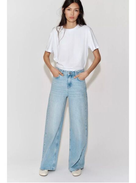 今期 新品 zara ザラ ミッドライズ ワイドレッグ デニムパンツ ライトブルー EU34 7号 S M レディース