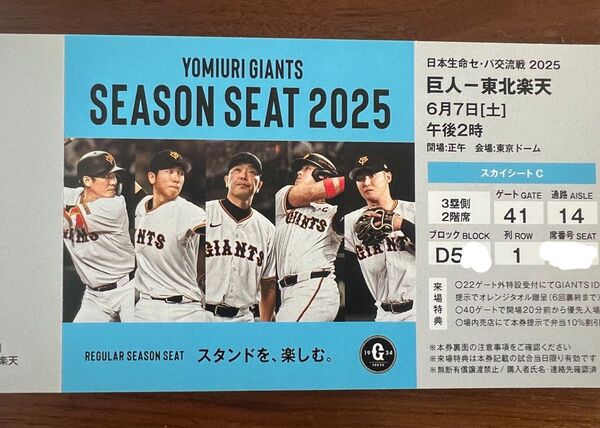 6/7(土)巨人vs 東北楽天イーグルス スカイシート最前列 1枚 東京ドーム チケット