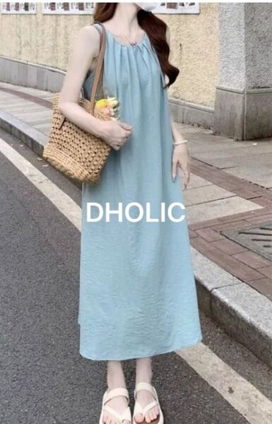 DHOLIC公式サイト ギャザーラウンドネック ノースリーブワンピース フリーサイズ ライトブルー