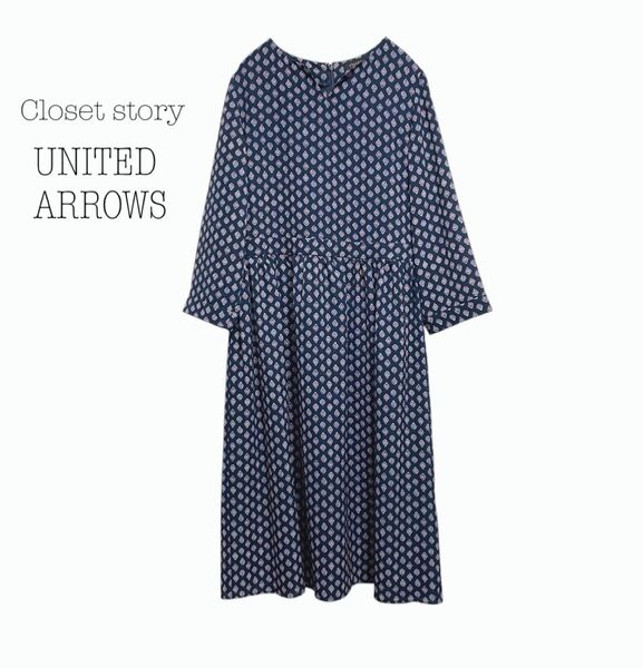 ユナイテッドアローズ UNITED ARROWS 花柄ロングワンピース ネイビー