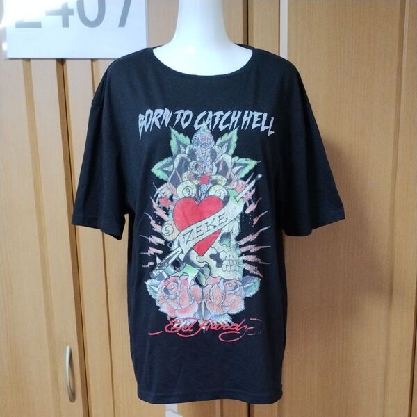 エドハーディー半袖シャツM ルーズフィット/ビッグサイズ メンズLLくらい Ed Hardy BORN TO CATCH HELL
