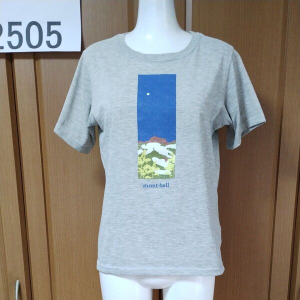 モンベル半袖TシャツM 霜降りライトグレー 木々/湖/山/月/たち プリント状態も良好 mont-bell